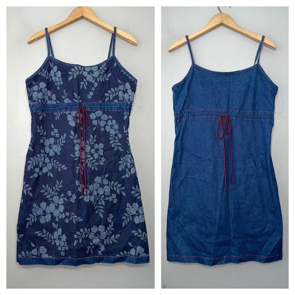 Y2K Size S M Reversible Floral Blue Jean Denim Mini Babydoll Jumper Dress